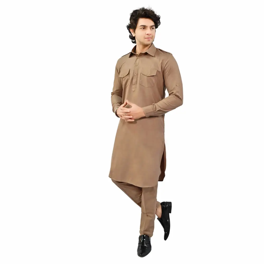 Mens - Brown Pathani Style Kurta & Pajama