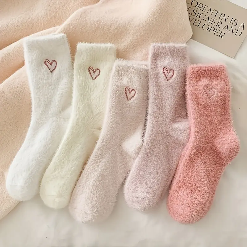 ORACEGRA        5 Pairs of Breathable and Warm Women's Mid - Calf Socks with Embroidered Heart Pattern - Plush Fleece Lined, Crafted from 97% Polyester and 3% Spandex Knit Material, Hand - Washable. A Great Present for Girlfriend, Wife or Mother. 1