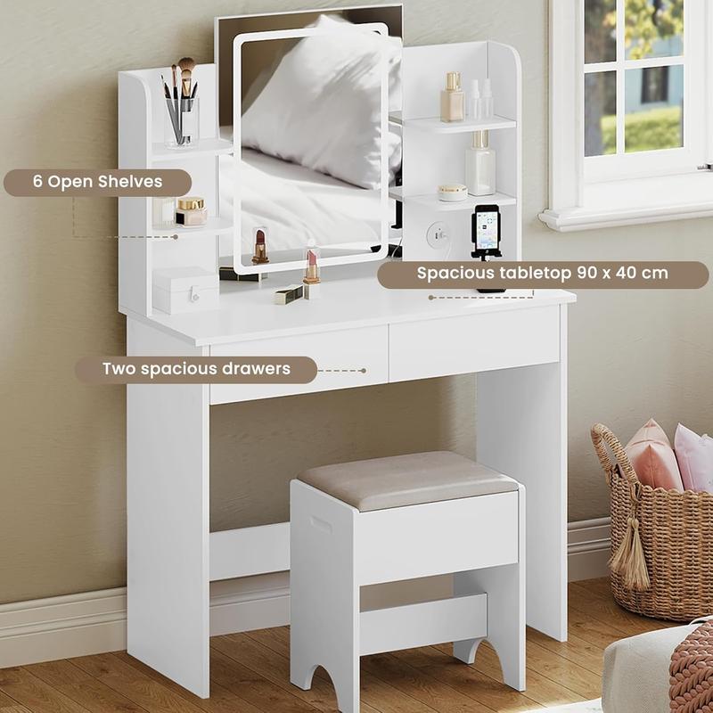 WOLTU Dressing Table with Dimmable LED Lights, Vanity Desk with Mirror & 2 USB Charging Ports, Makeup Table with 2 Drawers and Open shelves, Wooden Bedroom Dresser, White, MB6112ws clear  vanity 2