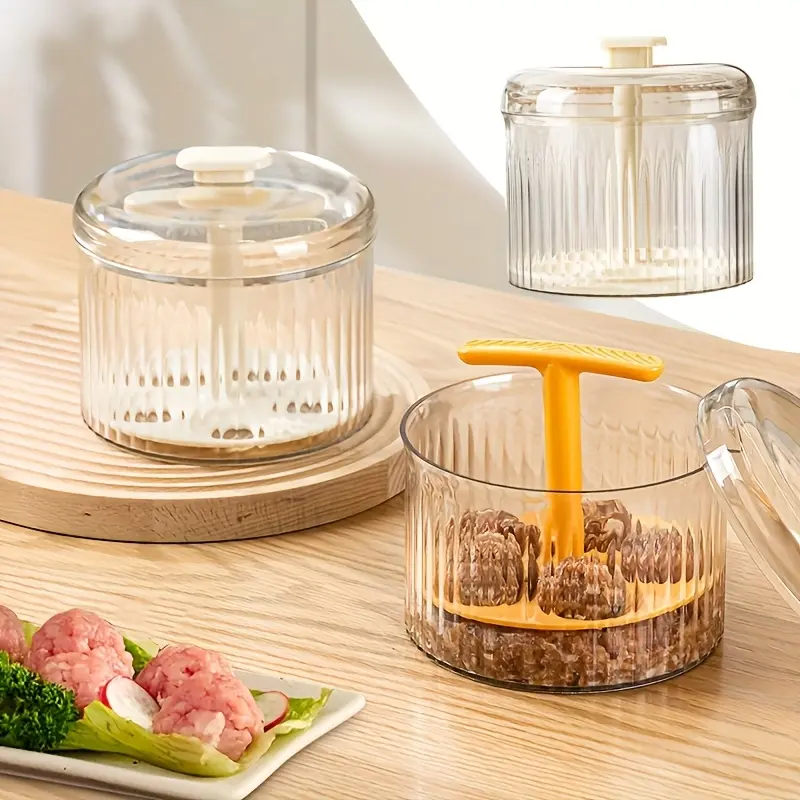 5-Hole Easy Press Meatball Maker with Lid - Transparent Multi-Function Kitchen Gadget for Perfectly Shaped Fish Balls, Meatballs & More - Food-Safe Plastic, Includes Scoop & Mixing Bowl, Cooking Accessory|Transparent Design|Easyclean Utensil, Meatball Mak 2