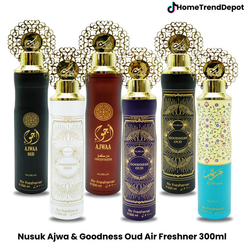 Nusuk Dubai Oud Arabian Perfume Air Freshener Collection - 300ml: Ajwa Black Oud, Red Oud, Goodness Black Blanc & Purple Wave, Mariyam - Woody, Set 1