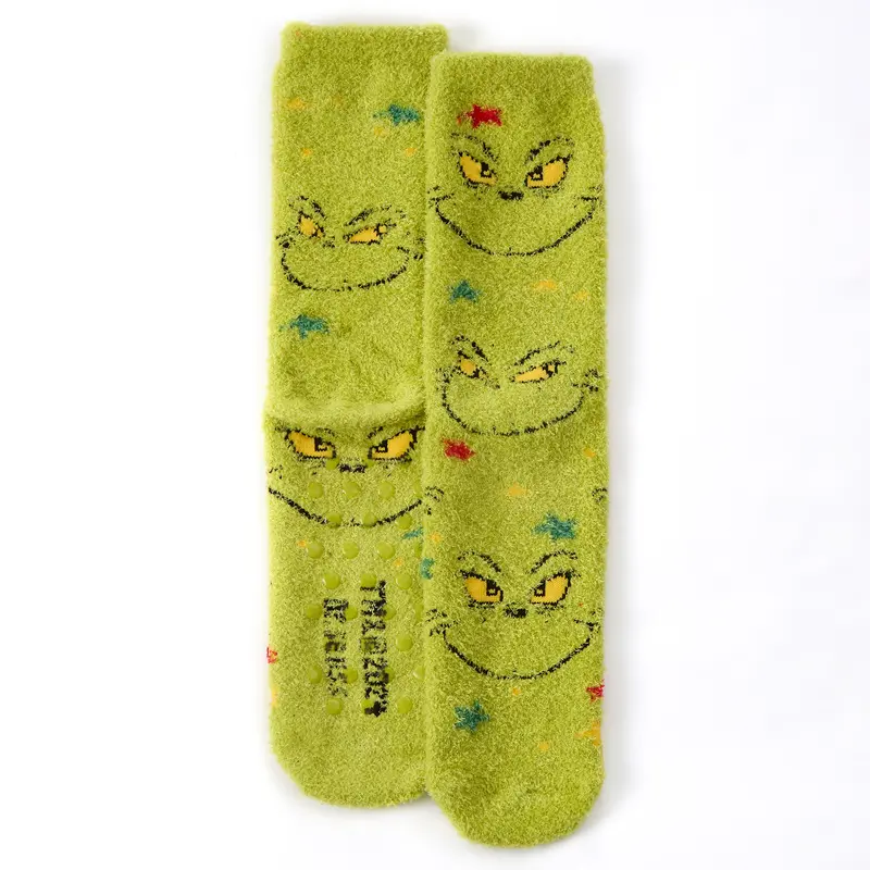 THE GRINCH Mens Christmas Grinch Socks Cosy Fluffy Winter Xmas Bed Socks Non Slip Anti Skid Grippers Green Santa Claus TikTok Shop Grinch Accessories UK 6-11  Underwear Menswear 6