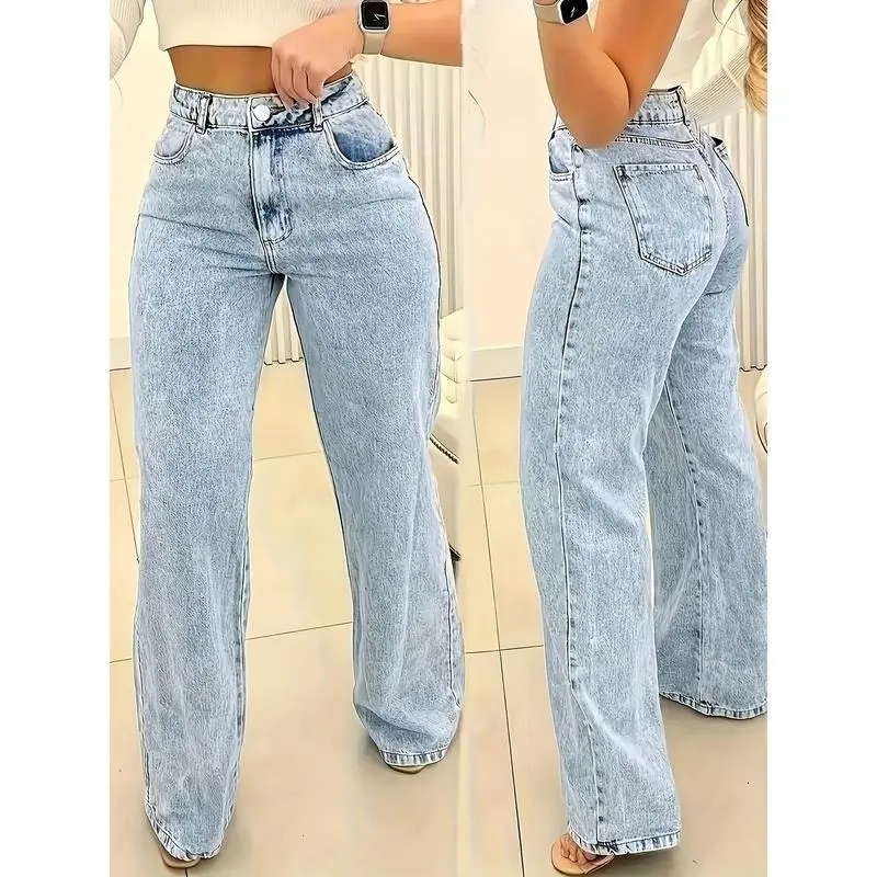 Ultra-Comfortable High-Waisted Stretchy Jeans for Women - Four-Season Cotton Polyester Blend Straight Leg Pants with Snowflake Pattern, Machine Washable, Breathable, and Soft Fabric for Everyday Wear