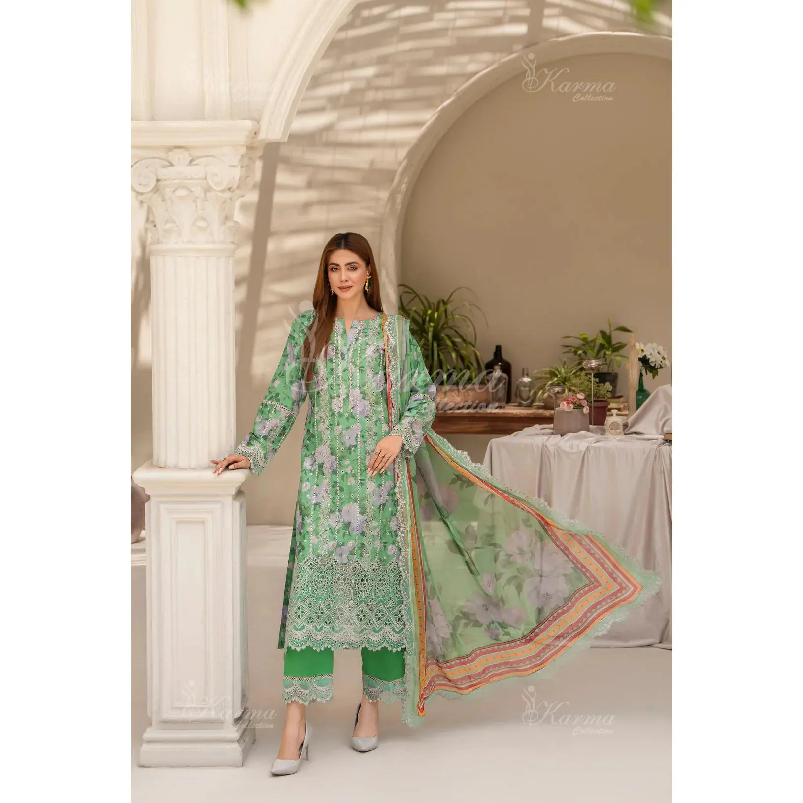 (Mint Green) Printed Chikenkari Cotton Lawn 3 Pc - Karma Collection