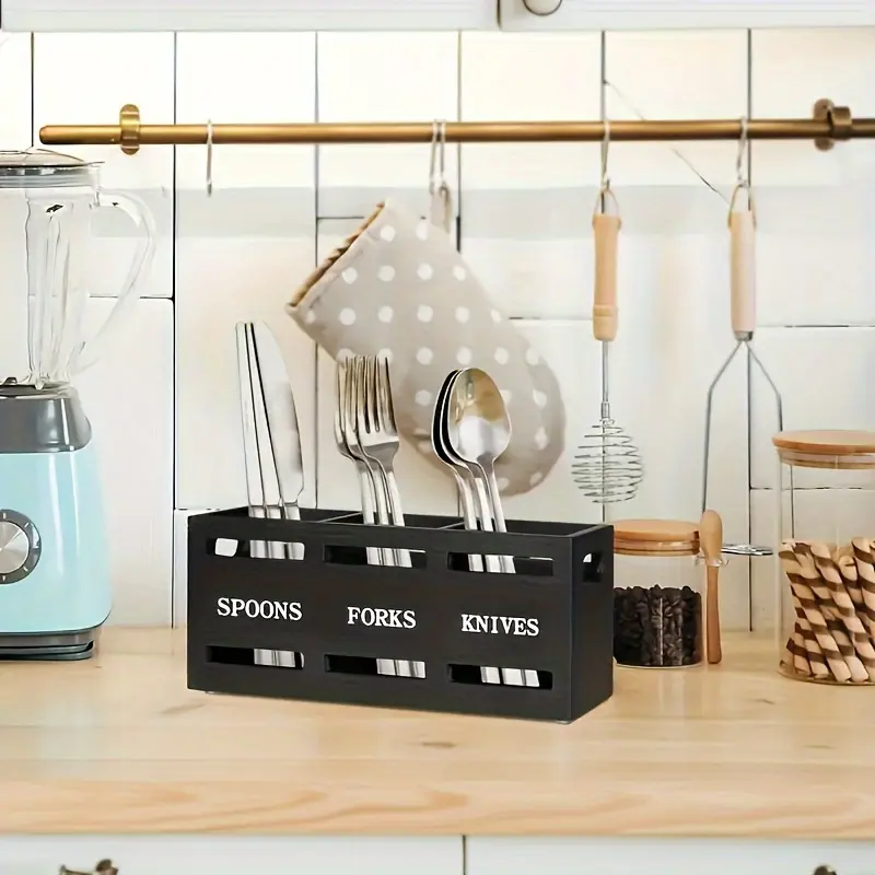 Rustic Wooden Kitchen Utensil Holder with Sturdy Iron Handle - 3-Compartment Organizer for Spoons, Forks, Knives - Perfect for Home & Restaurant Storage Kitchen Knives Knife Classic Black 2