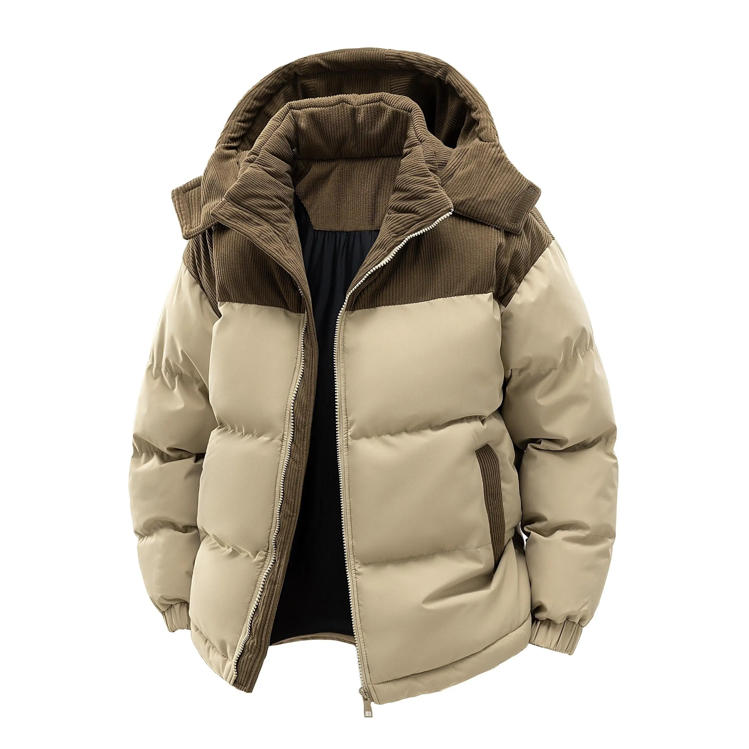 Men'S Casual Hooded Puffer Jacket, Polyester Fiber Filling, Non-Stretch Fabric, Color Block Design, Long Sleeve, Regular Fit, with Detachable Hood, Zipper Placket, for Winter Coat