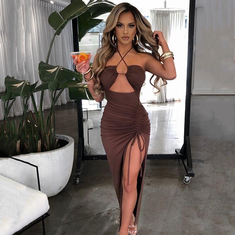 Product Introduction of 2025 hot selling style Women's plain Criss Cross Drawstring Ruched Split Thigh Bodycon Dress, Summer Dresses ,Backless Cut Out Halter Long Dress, Party Nightclub Clothes, Birthday Dress ,Sun Dresses ,Maxi Dress Fit  Stretchy 10