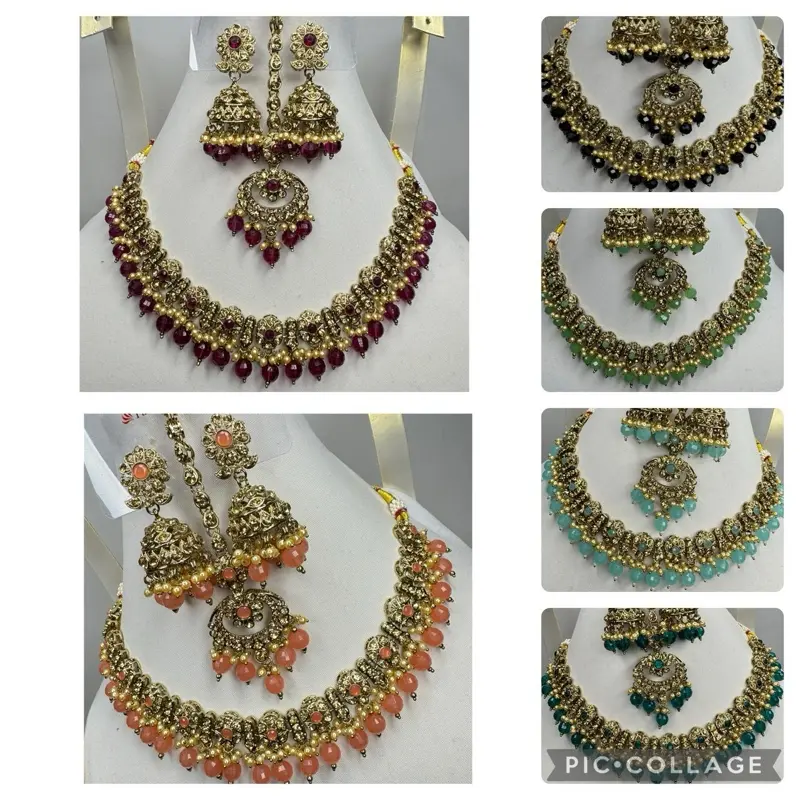 SN50 Mixed Ladies Coloured Stone Pearls Beads Necklace Earrings And Tikka Set Bridal Party Wear Indian Pakistani Wedding Jewellery