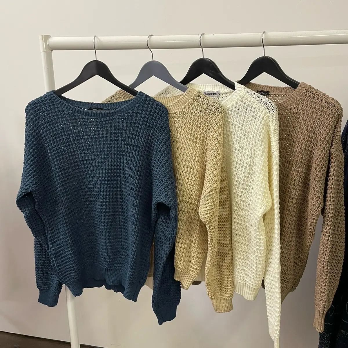 Women’s Waffle Knitted Jumper light weight black cream beige UK S - L