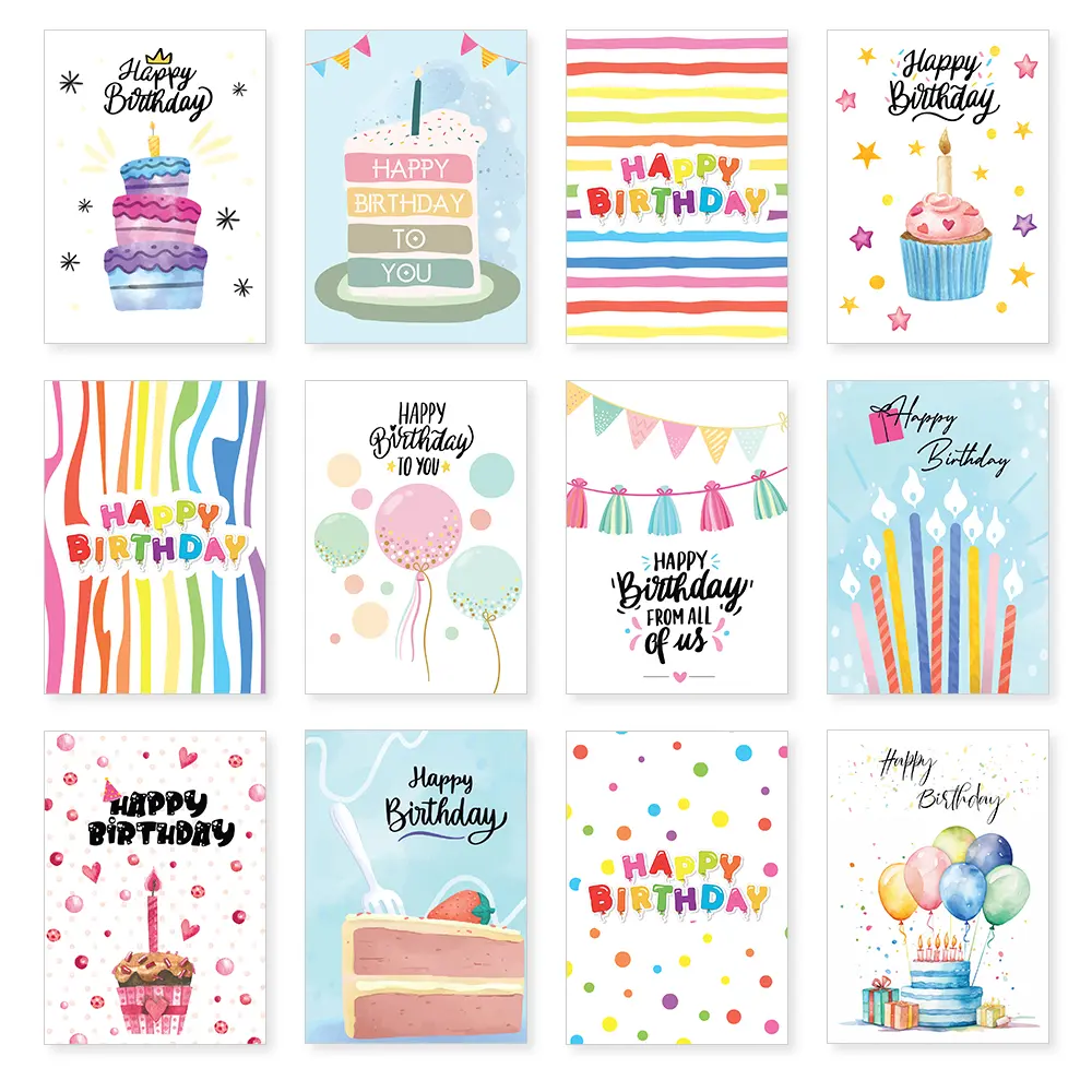 Papa Prints Pack of 24 Happy Birthday Cards – Watercolor Kids Birthday Cards with Envelopes