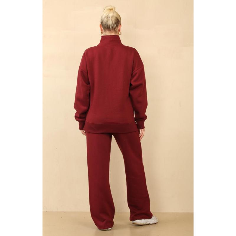 Women's 1/2 Zip Fleece Co-ord Set - Sweatshirt & Wide Leg Joggers with Pockets - Womenswear, Suits Minimalist Basic Suits Comfort Long Sleeve Casual Casual 5