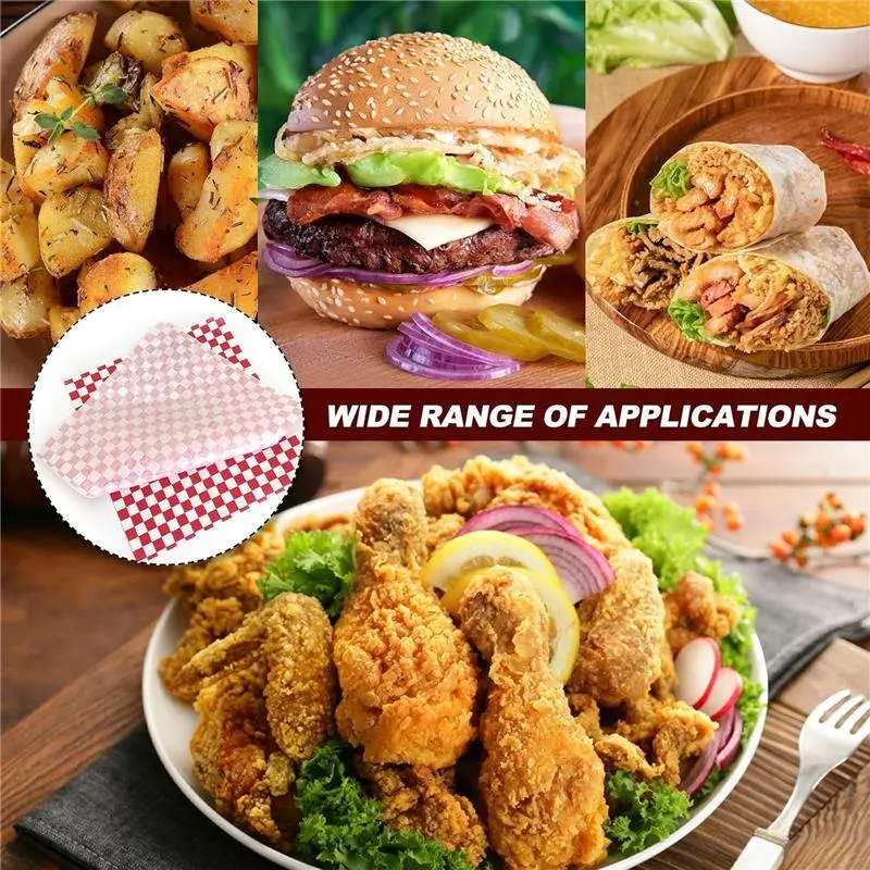 Greaseproof Paper Sheets, 100 Pcs Food Burger Wrap Paper Grease Proof Fish and Chip Burger Sandwich Wrapping Sheets Red Printed Bakeware Classic 7