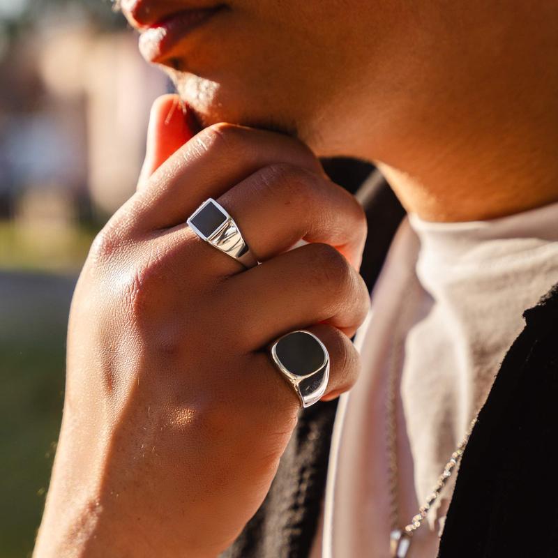 Square Onyx Ring - Silver Onyx Gemstone Signet Ring For Men 1