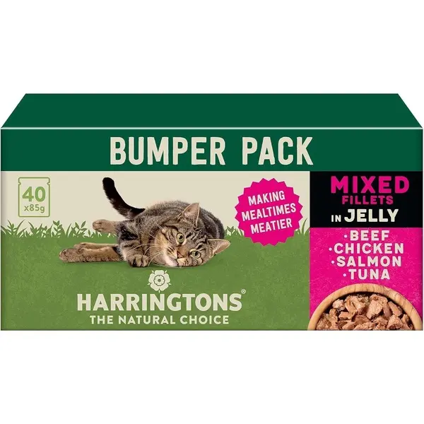 Harringtons Complete Wet Pouch Grain Free Hypoallergenic Adult Cat Food Mixed in Jelly Pack 40x85g - Beef, Chicken, Salmon & Tuna