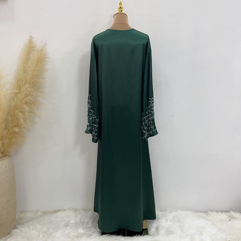 Product Introduction of HS1024 1pcs Satin Cardigan Handmade Beaded Dress Abaya 25