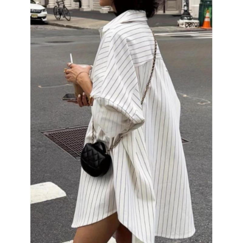 Women's Striped Print Button Front Pocket Long Blouse, Casual Drop Shoulder Long Sleeve Top for Summer, Ladies Clothes for Daily Wear 2