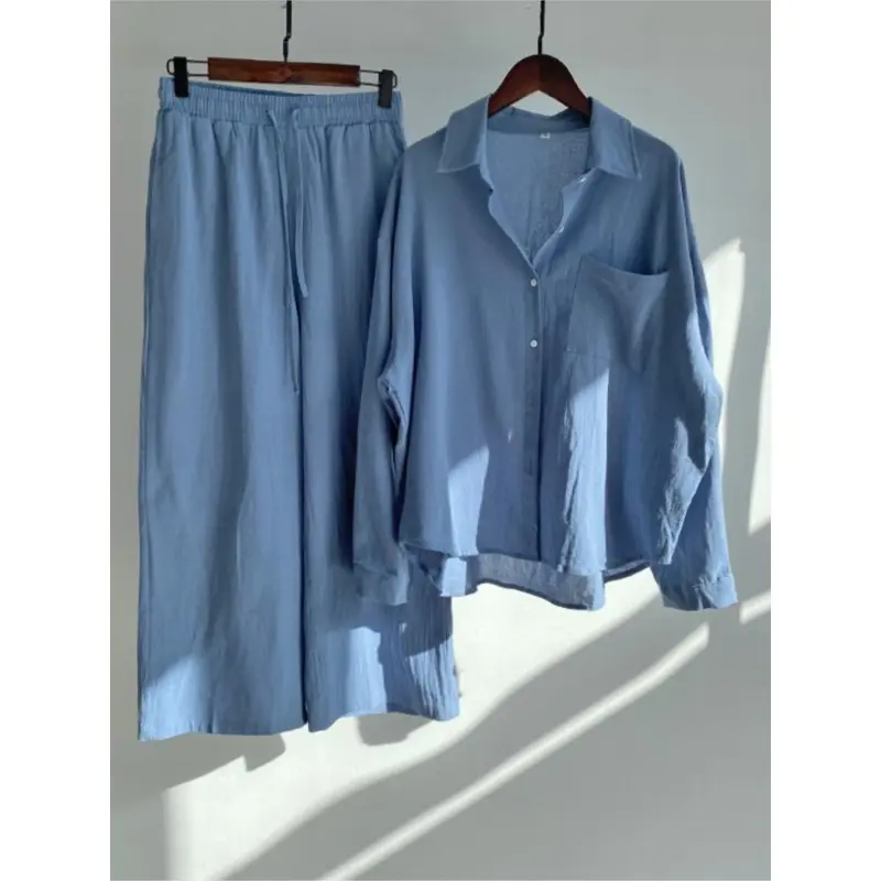 Autumn Women's Clothing 2025 New Fashionable Retro Cotton Linen Shirt High Waist Loose Long Sleeved Lace Up Pants Two-piece Set 3