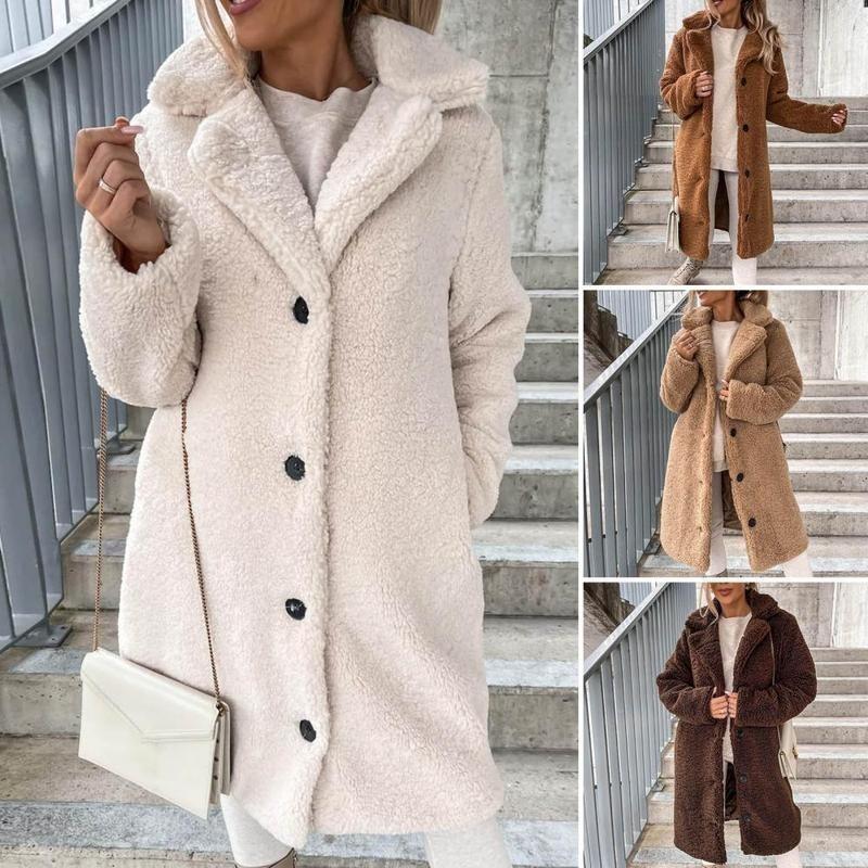 Trendy Women Overcoat Autumn Winter Women Trench Coat Long Style Pure Color Single-breasted Teddy Jacket  Windproof 1
