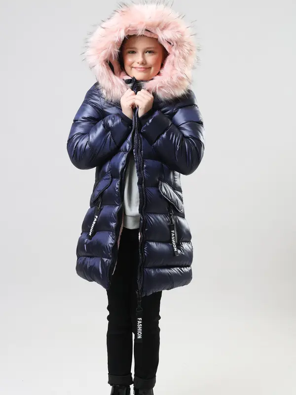 Charcoal Fashion Girl's Shiny Water Resistant Faux Fur Lined Quilted Midi Puffer Coat. Keep Warm, Outdoors,  Hood fur, Back to School 4