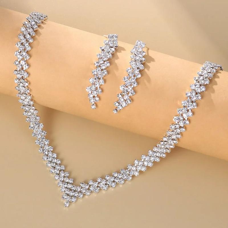 Charming Crystal Bridal Jewelry Set for Wedding V Shape Choker Necklace Earrings Sets Fashion Rhinestone Engagement Jewelry 4