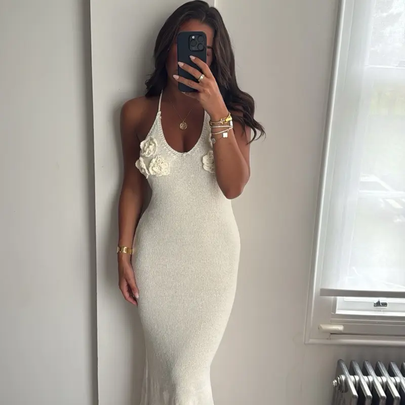 Cream Knitted Floral Maxi Dress for Women - Casual Style - Womenswear