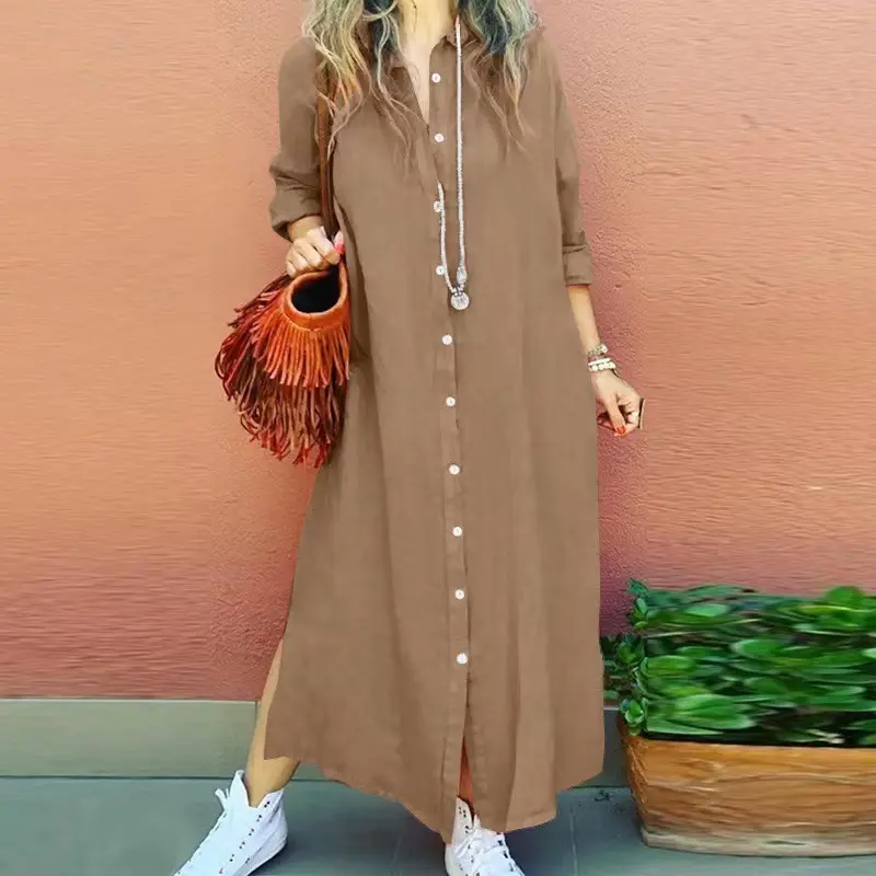 Plus Size button front dress, casual collared long sleeve dress, Womenswear Comfortable Elegant Style Lady Casual Wear Summer 1