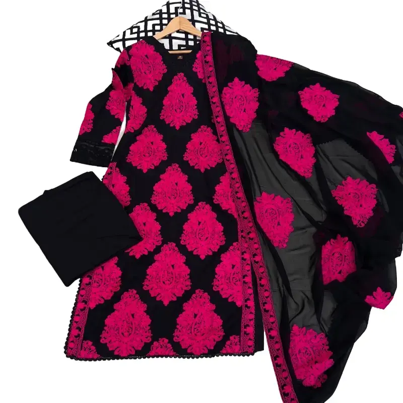 3 pc linen fabric fully embroidered suit with plain plazzo and chiffon embroidered Dupatta Womenswear
