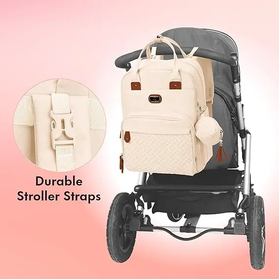 Dikaslon Diaper Backpack: Stylish Baby Bag with Changing Pad, Pacifier Case, and Stroller Straps, Ideal Travel Gear for Mom and Dad,White 5