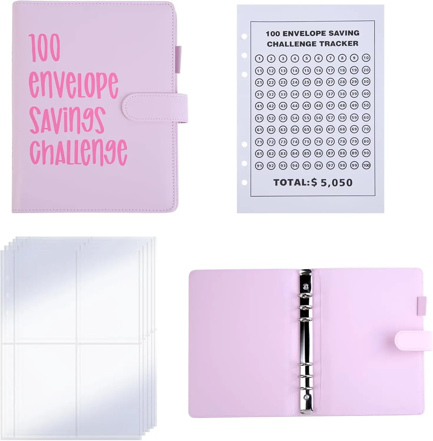 100 Envelopes Saving Challenge - Budget Binder Money Saving Wallet, Money Saver Budget Binder, A6 Cash Stuffing Wallet, Money Saving Challenge for Cash Saving $5050 (Pink)