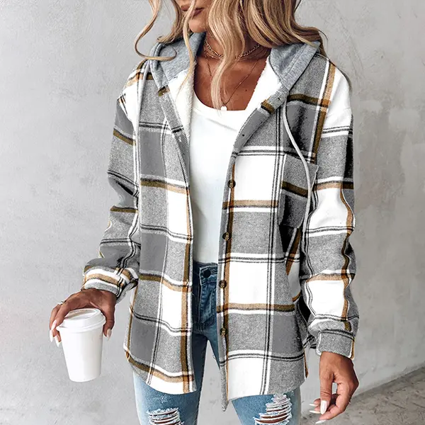 ChicMe Women's Plaid Pattern Long Sleeve Shacket Button Down Fleece Lined Hooded Jackets Warm Coat