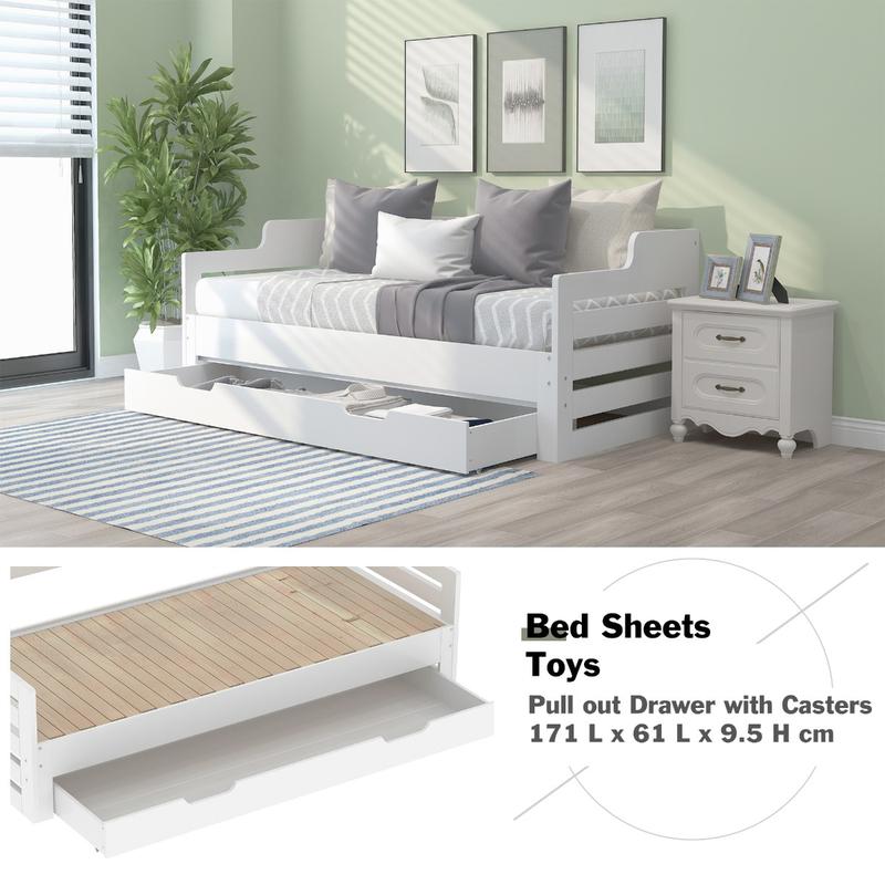 Single Bed Turns Into Double, Pull Out Sofa Bed Double with Trundle and Storage Drawer, Cabin Daybed for Living Room and Bedroom, 90 X190 CM - White (No Mattress) 8