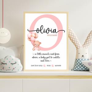 Pay What You Can Afford- Birth Announcement, Bear Print, Personalised Nursery Poster
