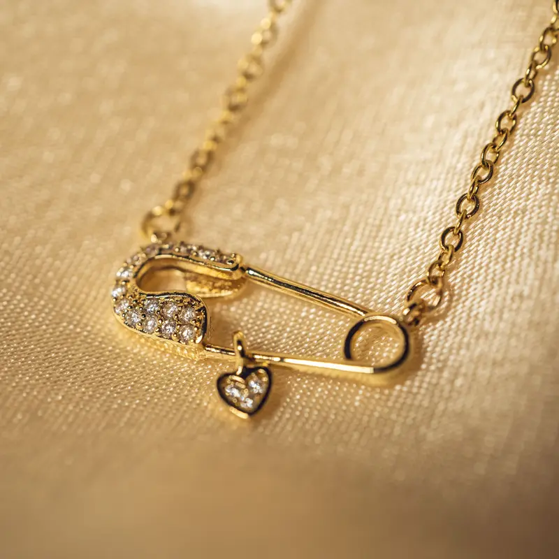 Gold Safety Pin Pendant Necklace, "Locked in My Heart" Symbol Necklace, Girlfriend Gift, Christmas Gift, Comes with a Beautiful Necklace Box, Tarnish-Resistant 2