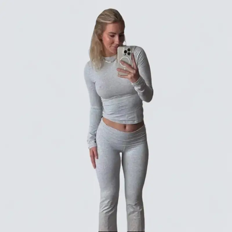 Leisure Suit Lady Long Sleeve Slim Crop Top Flare Pants Sports Causal set Autumn Streetwear seamless Womenswear Comfort Casual Overalls  Basic Minimalist