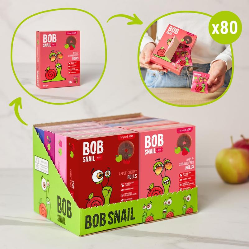 Bob Snail 80pcs, 800g - Fruit Rolls Mix with Mango, Pear, Cherry, Raspberry, Strawberry, Blueberry & Blackcurrant - No Added Sugar Snack Candy 4