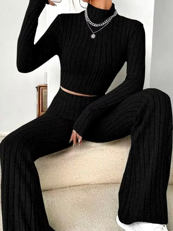 Women's Stand Collar Navel T-Shirt and Trumpet Pants Set - Tops, Womenswear pink cropped jacket bbl  jacket cropped  bbl 1