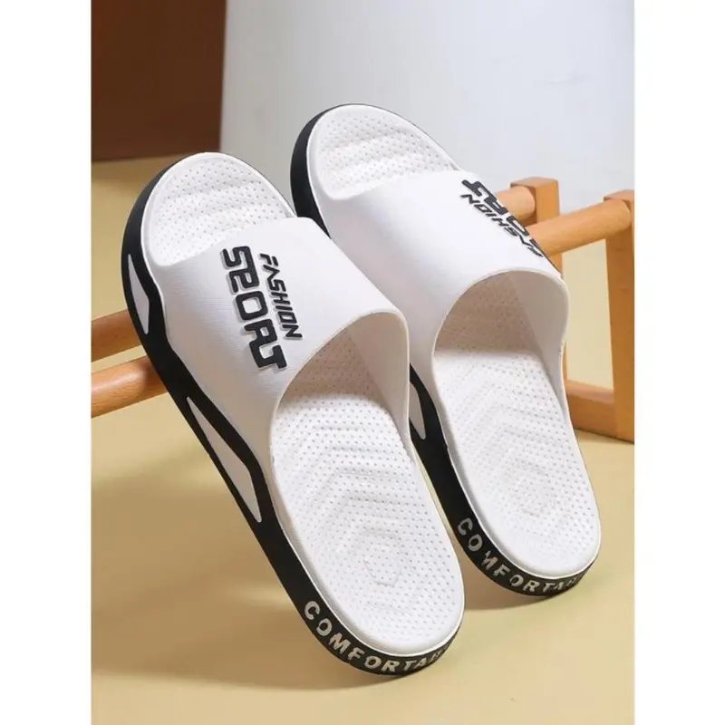 Men's Casual Letterd Print Non-slip Slides, Comfortable Soft Colorblock Slippers for Indoor Outdoor Beach Shower, All-match Commuter Shoes for Work & Daily Wear Footwear Boy Flipflop White