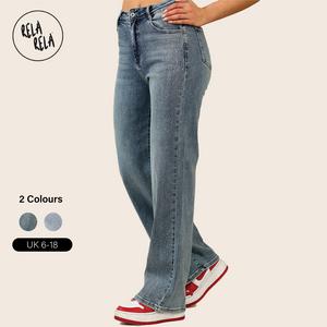 RELA RELA Women's Blue Viral Stretchy Mid-Waist Rhinestone Detailed Wide Leg Jeans UK 6-20 Casual Denim Womenswear