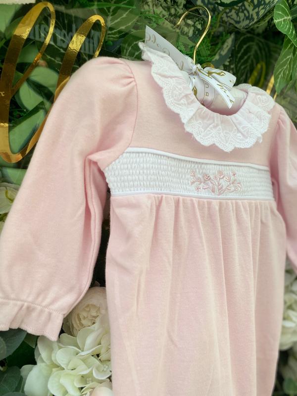 Pink Cotton Baby Girls Coming Home Up To 9 Month Smocked Flower Sleepsuit - Essex Babyclothes Boutique 3