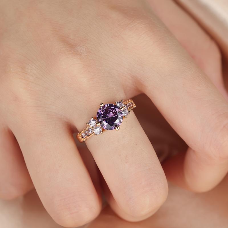 Product Introduction of Boho Purple Pink zirconia Ring Round Cut 18k Gold Plated Wedding Engagement Evening Party Ring 7