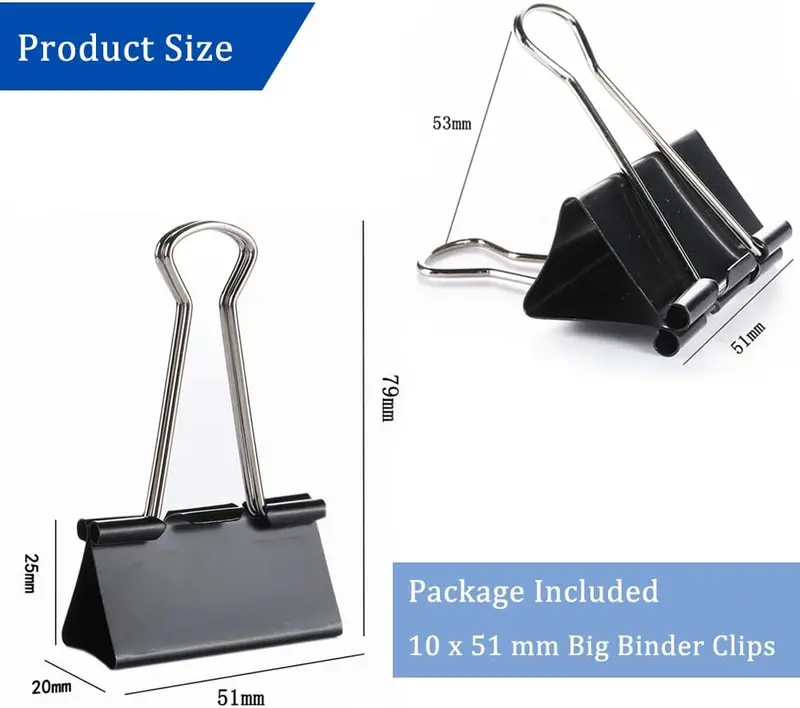 10PCS Large Foldback Binder Clips - 51mm Metal Black Bulldog Clips for Office Home Supplies 2