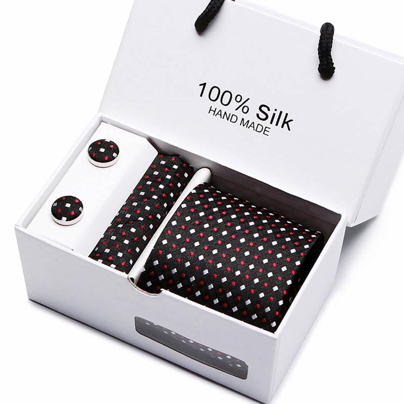 2023 100% Silk Jacquard Necktie White Geometric Tie Hanky Cufflink Set Ties For Men Gravatas Business Wedding Party Wholesale 3
