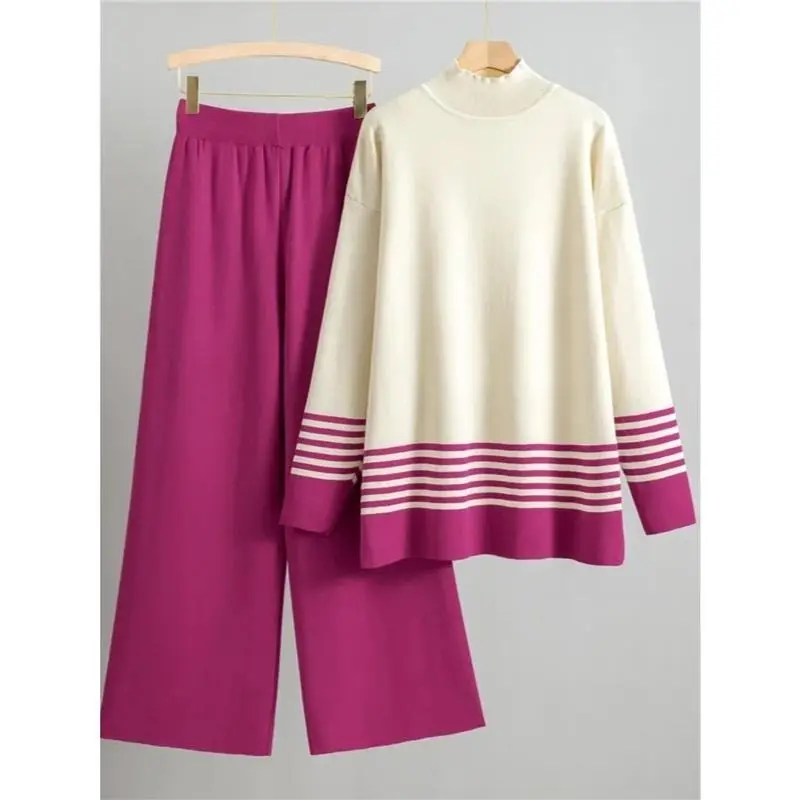 Muslim Knitting Suit Women Two Piece Sets Pullover Striped Sweater Knitted Wide Leg Pants Outfits Casual Knitwear Ensemble 2025