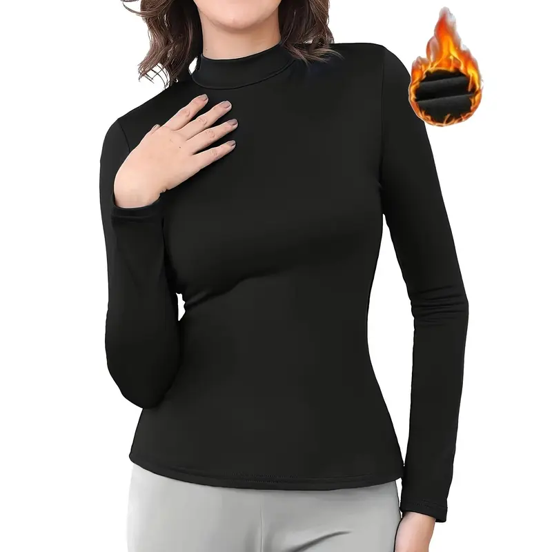 1pc Women's Thermal Long Sleeve Top, 95% Polyester 5% Elastane Knit Fabric, Solid Color Warm Base Layer Shirt 4