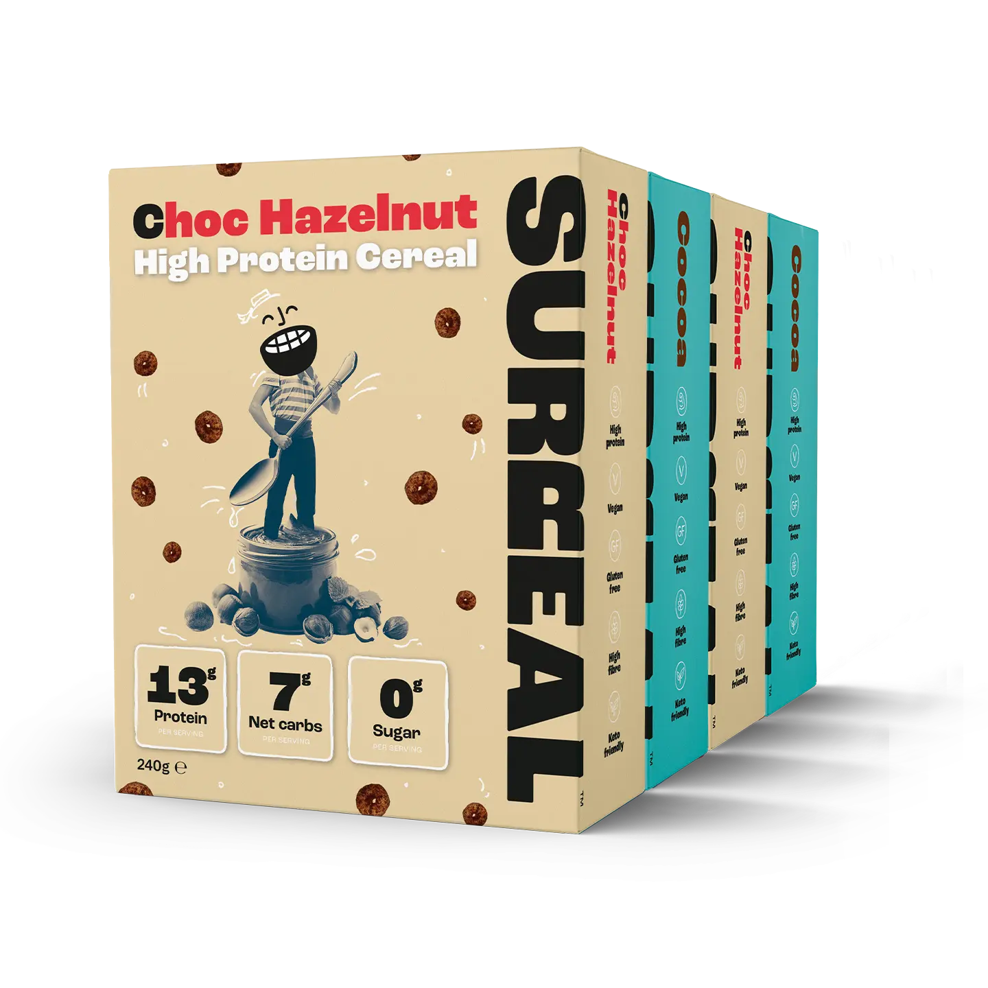 Surreal Choccy Bundle 4 Pack - High Protein, Zero Sugar & Delicious Cereal - Low Carb, Gluten Free & Vegan - includes Choc Hazelnut and Cocoa Flavours