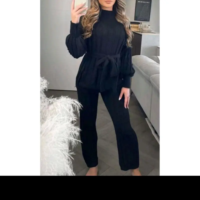 Women's High Neck Knitted 2PC Loungewear Set with Balloon Sleeves and Belt - Nightwear, Womenswear 5