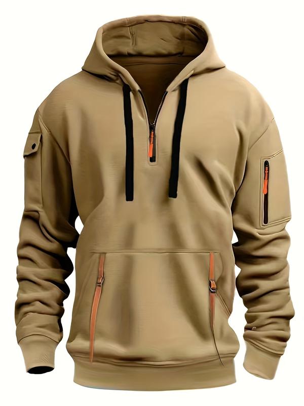 Men's Hooded Active Sweatshirt with Arm Pocket Zip Details - 100% Polyester Sports Style Pullover - Solid Color, Regular Fit Long Sleeve with Slight Stretch Knit Fabric 0