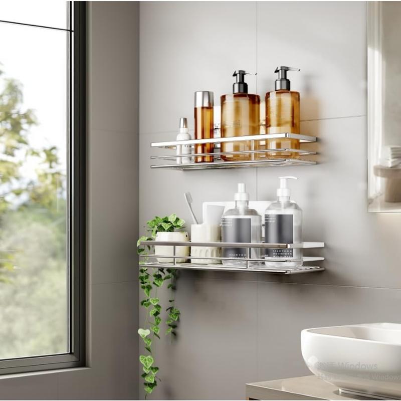 Product Introduction of Shower Caddy 2Pack No-Drilling Organiser Bathroom Caddy Shower Storage Bathroom Shelf Rack Bathroom Accessory Shower Holder with Adhesive Silver 11.8 x 4.3‘’ 5