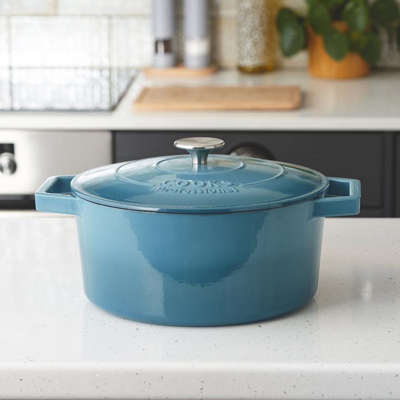 Cooks Professional Cast Iron Casserole Set of 3 | 20cm, 26cm & 28cm | Enamelled Inside & Out | Graduated Teal 3