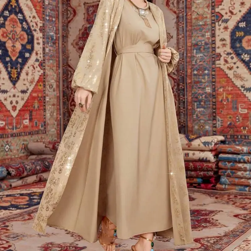 Elegant Golden Embroidered Open Abaya with Matching Inner Dress 5